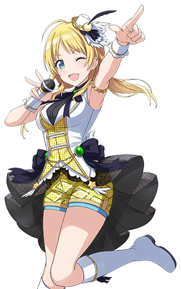 1girl arm_up armpits bare_shoulders blonde_hair blue_eyes boots breasts frills hachimiya_meguru hat hat_feather idolmaster idolmaster_shiny_colors long_hair looking_at_viewer medium_breasts microphone mini_hat official_art one_eye_closed open_mouth pointing shorts skirt smile solo transparent_background white_footwear yellow_shorts