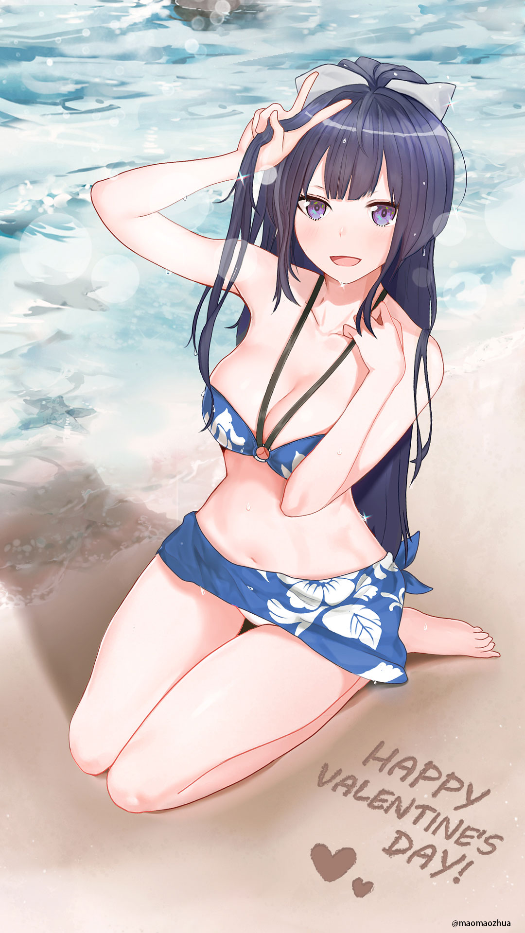 1girl :d arm_up artist_name bangs bare_legs barefoot beach benghuai_xueyuan bikini blue_bikini_top breasts cleavage collarbone day hair_ribbon halter_top halterneck hand_on_own_chest happy_halloween heart highres lens_flare long_hair looking_at_viewer maomaozhua medium_breasts mismatched_bikini navel o-ring_bikini o-ring_top on_ground open_mouth outdoors ponytail print_bikini purple_hair raiden_mei ribbon sand sarong shiny shiny_hair shore sitting smile solo sparkle stomach straight_hair swimsuit very_long_hair violet_eyes wariza water water_drop white_bikini_bottom white_ribbon