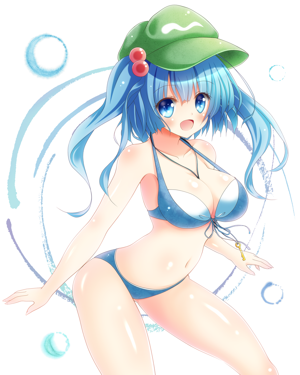 1girl between_breasts bikini blue_bikini blue_eyes blue_hair breasts cleavage contrapposto cowboy_shot front-tie_top hair_bobbles hair_ornament hat highres kawashiro_nitori key large_breasts looking_at_viewer open_mouth osashin_(osada) simple_background smile solo standing swimsuit touhou two_side_up white_background