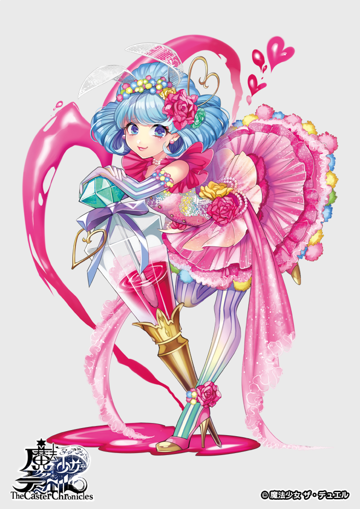 1girl blue_eyes blue_hair copyright_name earrings elbow_gloves flower frilled_skirt frills full_body gloves grey_background hair_flower hair_ornament heart heart_hair_ornament high_heels jewelry magical_girl makeup matsurika_youko official_art pink_skirt skirt smile standing standing_on_one_leg striped striped_gloves striped_legwear the_caster_chronicles watermark