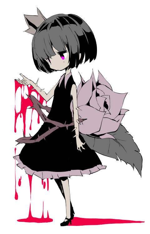 1girl blood crown flower full_body high_heels kuroneko_no_toorimichi plant rose rose_(rose_to_tasogare_no_kojou) rose_to_tasogare_no_kojou short_hair simple_background solo spot_color standing thorns vines violet_eyes white_background