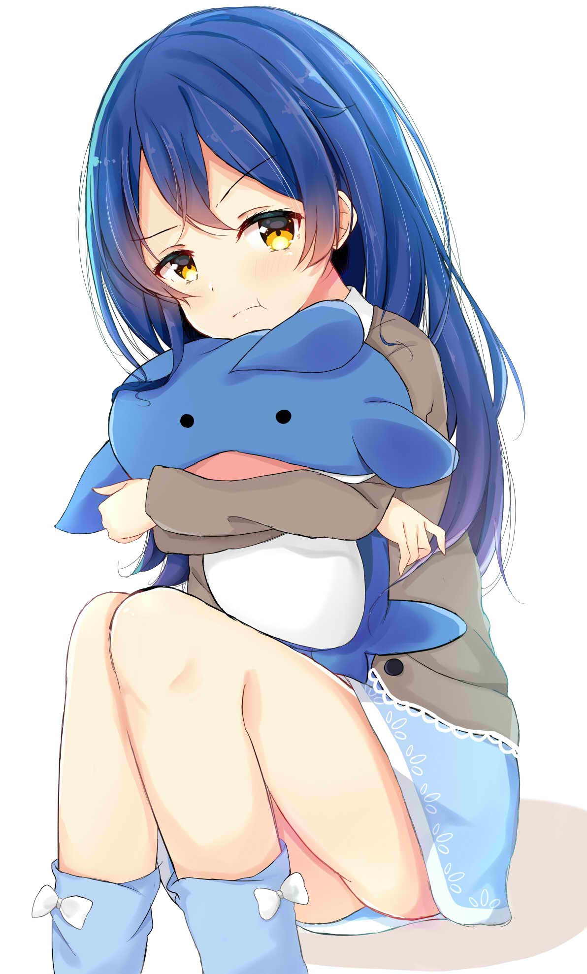 1girl bangs blue_hair blush closed_mouth dorisu2 eyebrows_visible_through_hair hair_between_eyes highres long_hair looking_at_viewer love_live! love_live!_school_idol_festival love_live!_school_idol_project object_hug pajamas pout simple_background sitting smile solo sonoda_umi stuffed_animal stuffed_toy whale_shark white_background