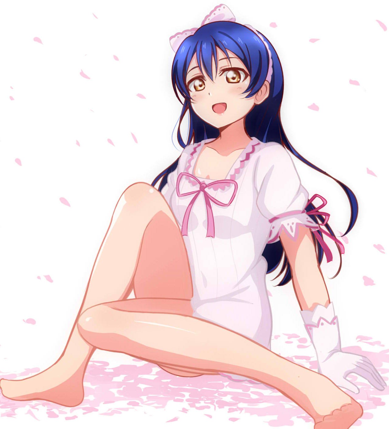 1girl arm_support bangs barefoot blue_hair blush commentary_request dress gloves hair_between_eyes hair_ribbon highres leg_up long_hair love_live! love_live!_school_idol_project open_mouth petals pink_dress ribbon shiranai_love_oshiete_love simple_background sitting smile solo sonoda_umi wewe white_background yellow_eyes