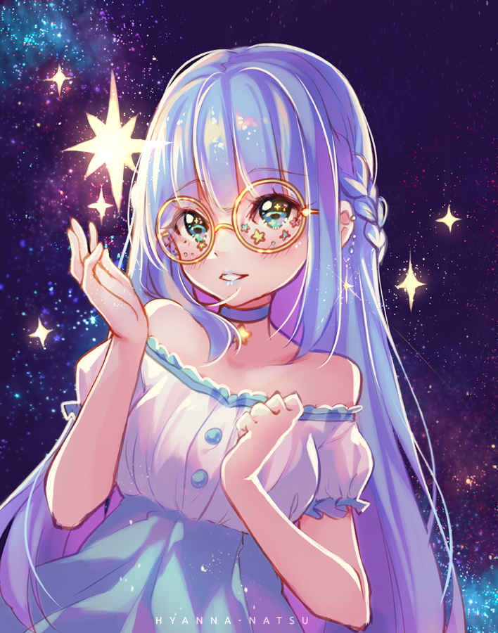 1girl aqua_eyes artist_name bangs bare_shoulders blue_eyes blue_hair blue_lips blunt_bangs blush borrowed_character braid collarbone commission dress eyebrows_visible_through_hair french_braid frilled_sleeves frills glasses hand_up hyanna-natsu light long_hair makeup off-shoulder_dress off_shoulder original parted_lips round_eyewear shinkaisei-kan short_sleeves smile solo sparkle star starry_background straight_hair tareme upper_body very_long_hair yellow-framed_eyewear