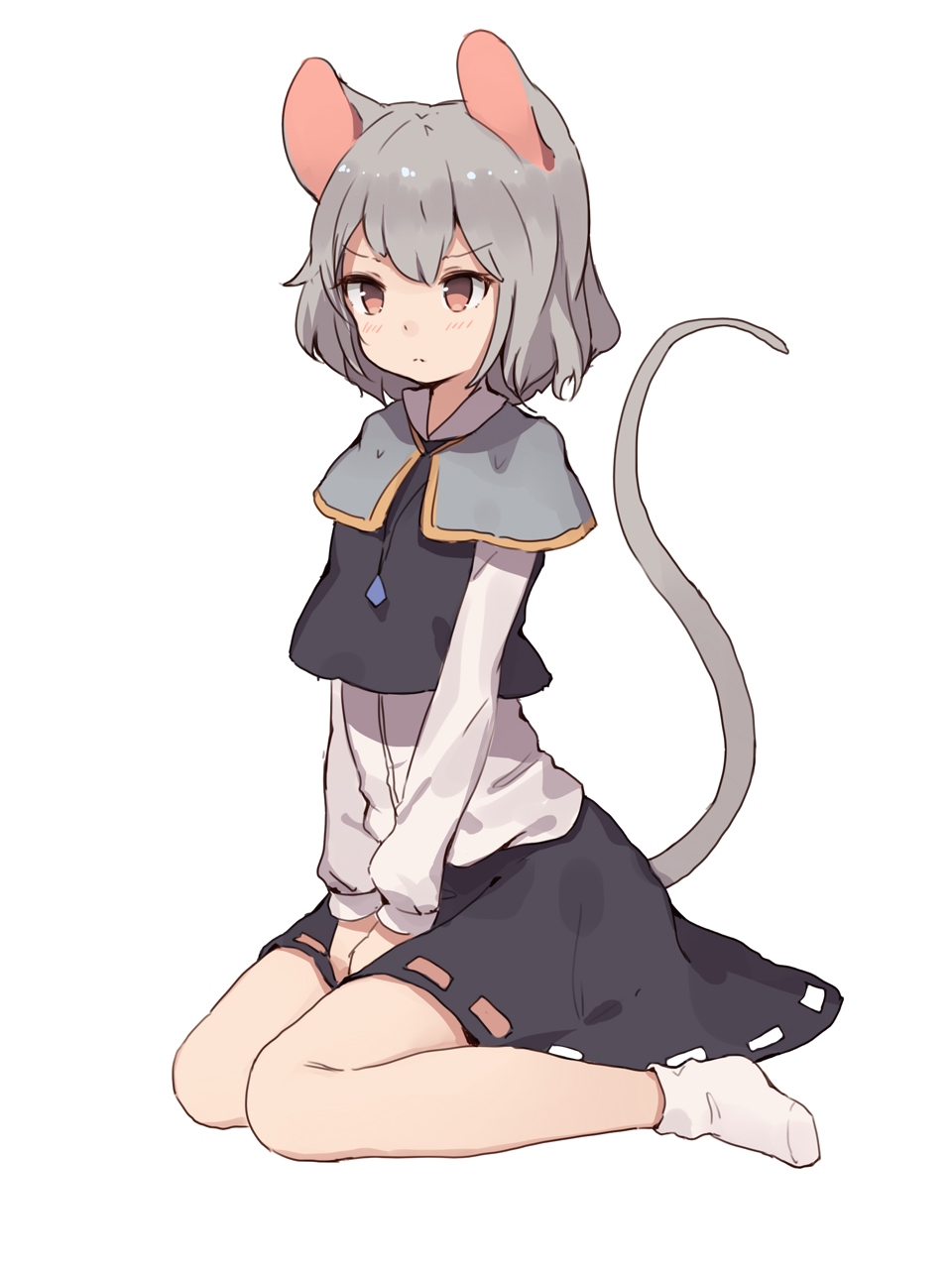 &gt;:( 1girl animal_ears blush capelet grey_hair highres jewelry long_sleeves mouse_ears mouse_tail nazrin pendant red_eyes shone short_hair simple_background sitting sketch socks solo tail touhou v_arms wariza white_background white_legwear