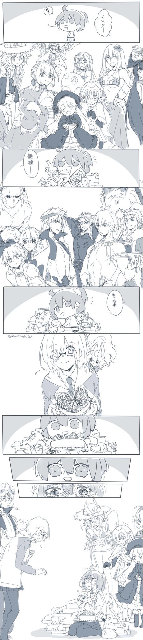 ahoge alexander_(fate/grand_order) altera_the_santa asterios_(fate/grand_order) circe_(fate/grand_order) comic crying cu_chulainn_(fate/grand_order) fake_mustache fate/grand_order fate_(series) fou_(fate/grand_order) fujimaru_ritsuka_(female) gift gilgamesh gilgamesh_(caster)_(fate) hat highres jeanne_d'arc_(fate)_(all) jeanne_d'arc_alter_santa_lily lancer lobo_(fate/grand_order) long_image mash_kyrielight monochrome nero_claudius_(fate) nero_claudius_(fate)_(all) nursery_rhyme_(fate/extra) oda_nobunaga_(swimsuit_berserker)_(fate) riyo_(lyomsnpmp)_(style) sakata_kintoki_(fate/grand_order) sakata_kintoki_rider_(fate/grand_order) scathach_(fate/grand_order) scathach_(swimsuit_assassin)_(fate) shuten_douji_(fate/grand_order) side_ponytail straw_hat tall_image tamamo_(fate)_(all) tamamo_no_mae_(swimsuit_lancer)_(fate) tearing_up valentine