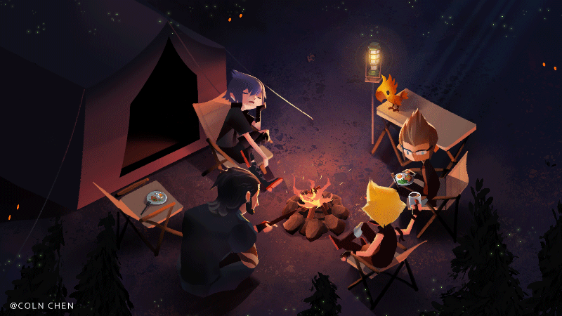 4boys animated animated_gif black_hair black_jacket blonde_hair boots branch brown_hair campfire chair chocobo colin_chen commentary final_fantasy final_fantasy_xv fire fireflies food from_above gladiolus_amicitia glasses ignis_scientia jacket lantern multiple_boys night noctis_lucis_caelum plate prompto_argentum sitting sleeping spiky_hair table tent