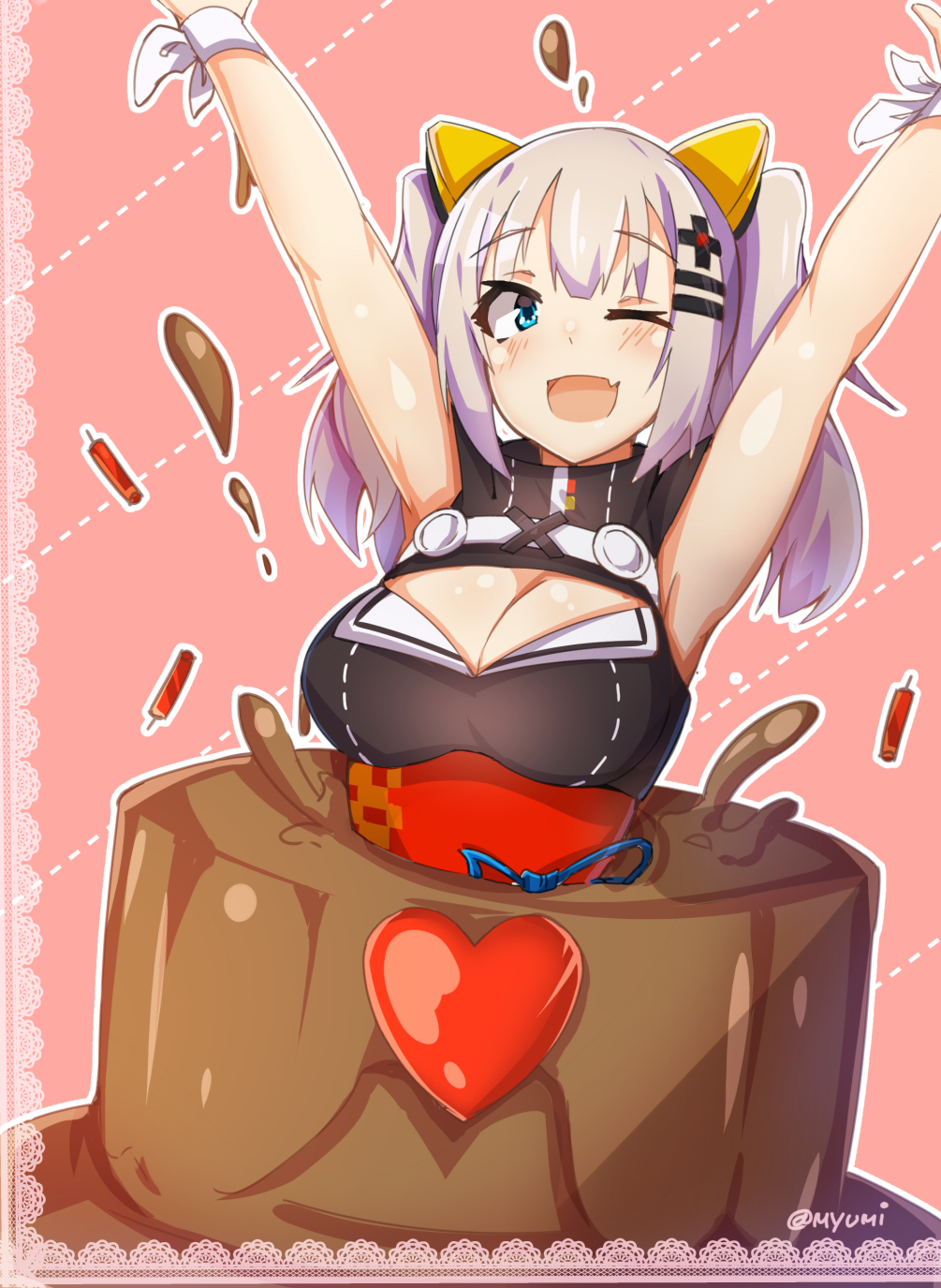 1girl animal_ears armpits arms_up bangs black_dress blue_eyes blush breasts cake candle cat_ears chocolate_cake cleavage cleavage_cutout dotted_line dress eyebrows_visible_through_hair fake_animal_ears food hair_ornament hairclip heart highres kaguya_luna kaguya_luna_(character) large_breasts long_hair looking_at_viewer myumi obi outline pink_background sash shiny shiny_skin sidelocks silver_hair sleeveless sleeveless_dress solo sweatband twintails twitter_username underbust upper_body white_outline