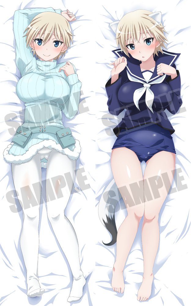 1girl aoi_manabu barefoot blonde_hair blue_eyes blush brave_witches breasts dakimakura full_body gluteal_fold large_breasts looking_at_viewer lying nikka_edvardine_katajainen old_school_swimsuit on_back open_mouth pantyhose ribbed_sweater sample school_swimsuit school_uniform serafuku short_hair smile sweater swimsuit swimsuit_under_clothes weasel_ears weasel_tail white_legwear world_witches_series