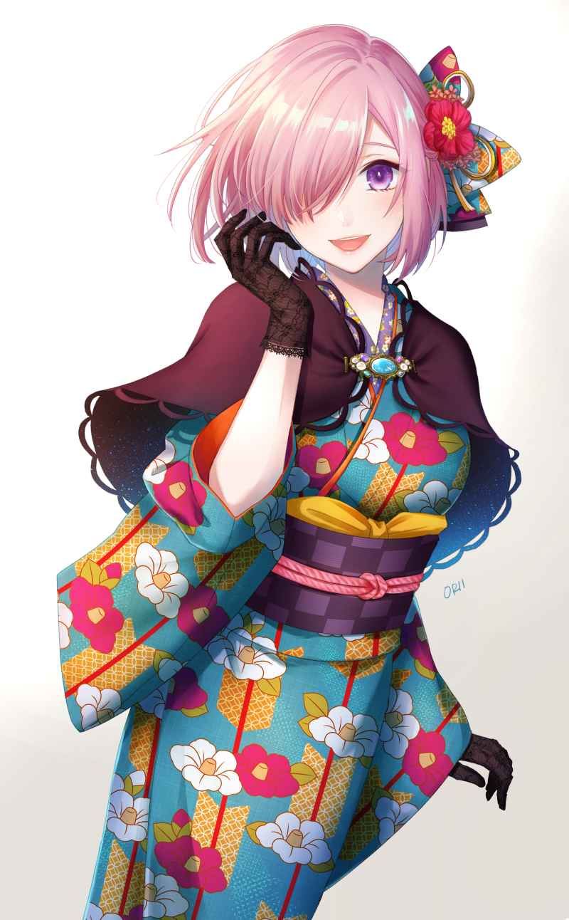 1girl :d alternate_costume arm_at_side artist_name black_gloves blue_kimono blush breasts capelet checkered dutch_angle fate/grand_order fate_(series) floral_print flower gloves gradient gradient_background grey_background hair_flower hair_ornament hair_over_one_eye hand_up highres japanese_clothes kimono lace lace-trimmed_gloves lips long_sleeves looking_at_viewer mash_kyrielight medium_breasts obi open_mouth orii_(orii_i) pink_hair print_kimono purple_capelet red_flower sash shiny shiny_hair short_hair sleeves_past_wrists smile solo standing tareme underbust upper_teeth violet_eyes wide_sleeves