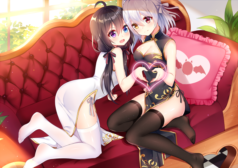 2girls :d ahoge all_fours ass bangs bare_arms bare_shoulders black_dress black_legwear black_ribbon blue_eyes blush breasts checkered checkered_floor china_dress chinese_clothes cleavage cleavage_cutout couch day dress eyebrows_visible_through_hair frilled_pillow frills hair_between_eyes hair_ribbon heart heart_hands heterochromia indoors ju_topia large_breasts long_hair looking_at_viewer multiple_girls no_shoes on_couch open_mouth original panties pillow plant potted_plant red_eyes ribbon shiny shiny_hair shiny_skin short_hair side-tie_panties side_slit silver_hair sitting sleeveless sleeveless_dress smile sunlight thigh-highs underwear v-shaped_eyebrows violet_eyes white_dress white_legwear white_ribbon yellow_eyes yokozuwari