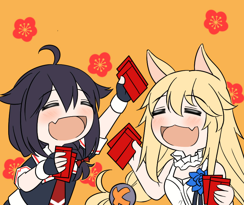 2girls :3 :d =_= ahoge angpao animal_ears black_gloves black_hair black_serafuku blush braid crossover dog_ears fang fingerless_gloves floral_background g41_(girls_frontline) girls_frontline gloves guin_guin hair_flaps kantai_collection long_hair low-tied_long_hair multiple_girls necktie open_mouth orange_background remodel_(kantai_collection) school_uniform serafuku shigure_(kantai_collection) smile twintails year_of_the_dog