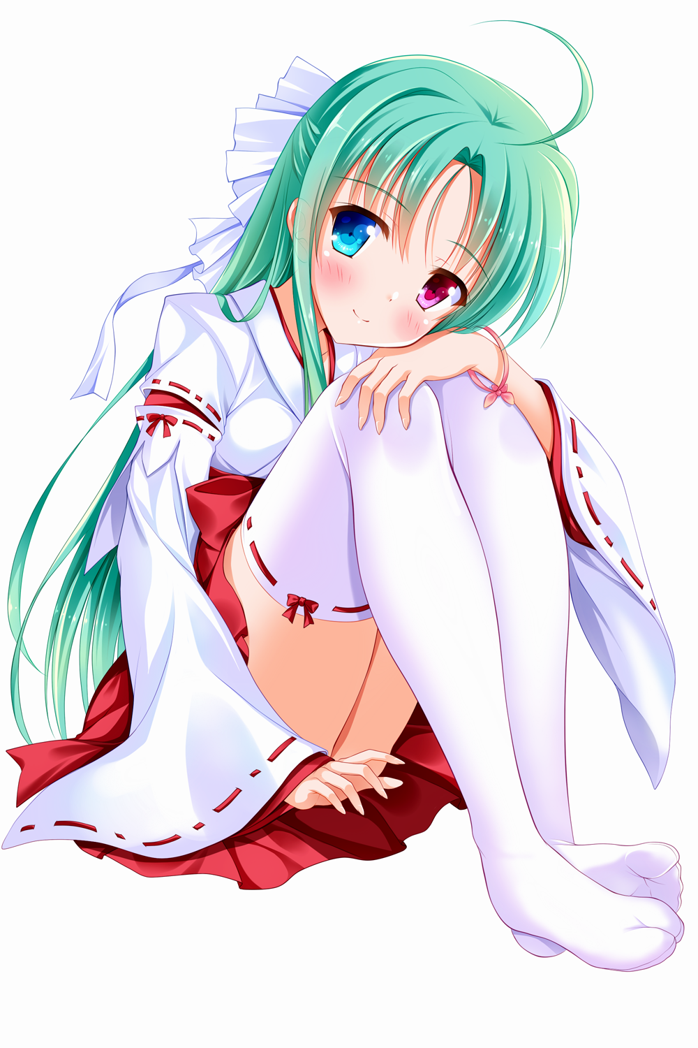 1girl ahoge bangs bashen_chenyue blue_eyes blush closed_mouth eyebrows_visible_through_hair fingernails green_eyes hair_between_eyes hakama half_updo hand_on_own_knee head_tilt heterochromia highres japanese_clothes long_hair long_sleeves looking_at_viewer miko no_shoes original parted_bangs purple_footwear red_hakama ribbon-trimmed_legwear ribbon-trimmed_sleeves ribbon_trim sidelocks simple_background sitting sleeves_past_wrists smile soles solo thigh-highs very_long_hair violet_eyes white_background white_legwear wide_sleeves zouri