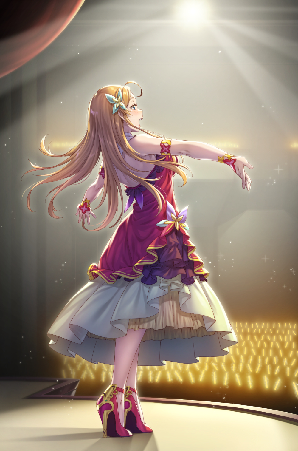1girl ahoge backless_outfit bare_shoulders blonde_hair blue_eyes curtains dress glowstick hair_ornament high_heels highres idolmaster idolmaster_million_live! long_hair looking_to_the_side nanaran open-back_dress open_mouth red_dress red_footwear shadow shinomiya_karen solo stage_lights standing