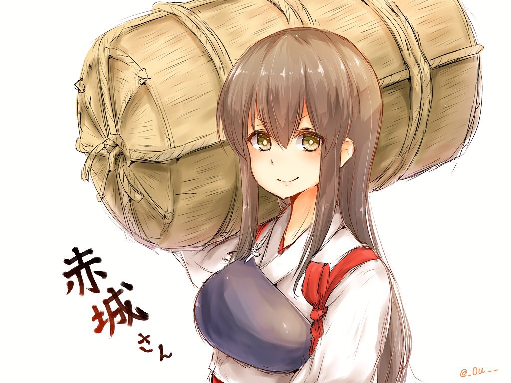 1girl akagi_(kantai_collection) armor brown_hair carrying_over_shoulder eyebrows_visible_through_hair japanese_clothes kantai_collection long_hair long_sleeves looking_at_viewer muneate raayu_(0u_rayu) sketch smile solo tasuki twitter_username yellow_eyes