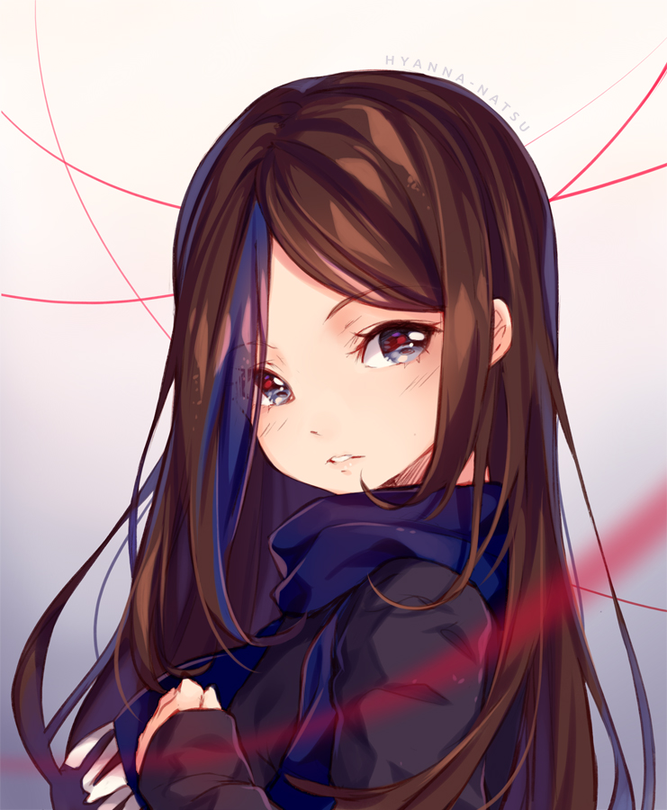 1girl bangs black_shirt blue_eyes blue_hair blue_scarf blurry blurry_foreground blush borrowed_character brown_hair commission depth_of_field eyebrows_visible_through_hair eyes_visible_through_hair from_side gradient gradient_background hyanna-natsu long_hair long_sleeves looking_to_the_side multicolored multicolored_eyes multicolored_hair original parted_bangs parted_lips red_eyes scarf shirt sleeves_past_wrists solo streaked_hair two-tone_hair upper_body