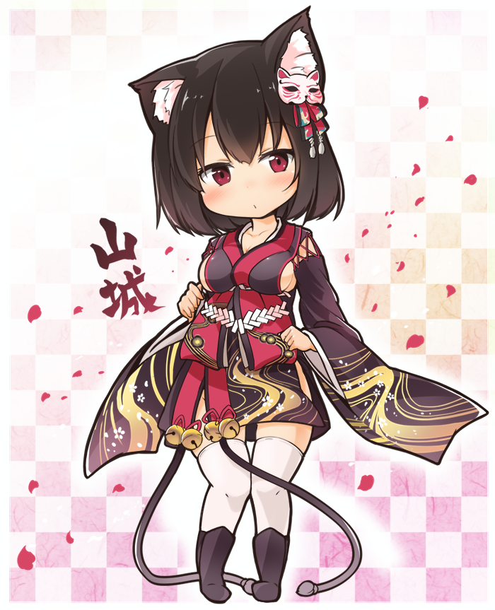 1girl azur_lane black_hair breasts cat_mask cat_tail chibi commentary_request japanese_clothes looking_at_viewer mask mask_on_head red_eyes short_hair sideboob simple_background solo tail thigh-highs tobi_(nekomata_homara) translated white_background white_legwear yamashiro_(azur_lane) zettai_ryouiki