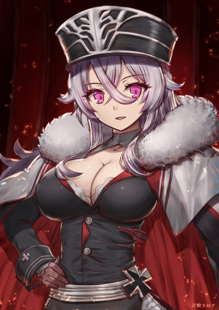 1girl :d azur_lane breasts cape cleavage collarbone embers fur_trim graf_zeppelin_(azur_lane) grey_hair hand_on_hips hat iron_cross large_breasts long_sleeves looking_at_viewer open_mouth smile solo upper_body violet_eyes