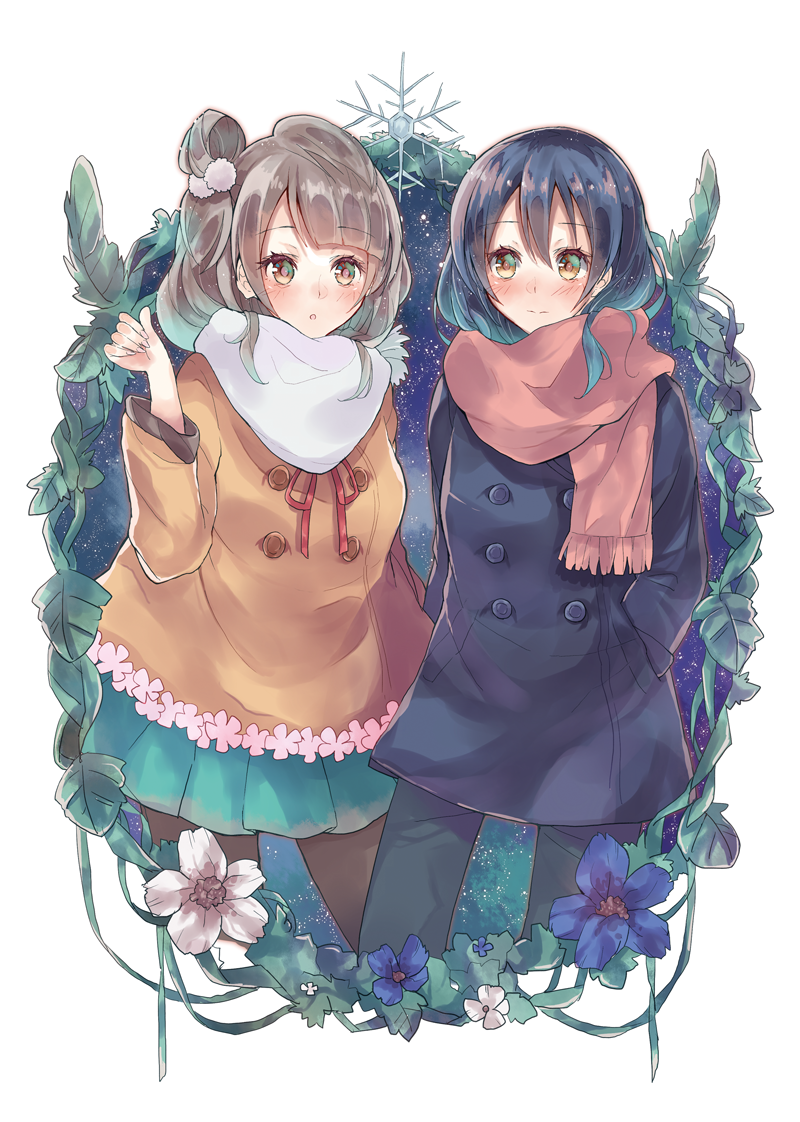 2girls black_legwear blue_hair blush coat commentary_request eyebrows_visible_through_hair flower grey_hair hair_ornament long_hair looking_at_another love_live! love_live!_school_idol_project minami_kotori multiple_girls night night_sky one_side_up open_mouth pants pantyhose scarf skirt sky smile sonoda_umi ultone_(neisiss) winter_clothes yellow_eyes