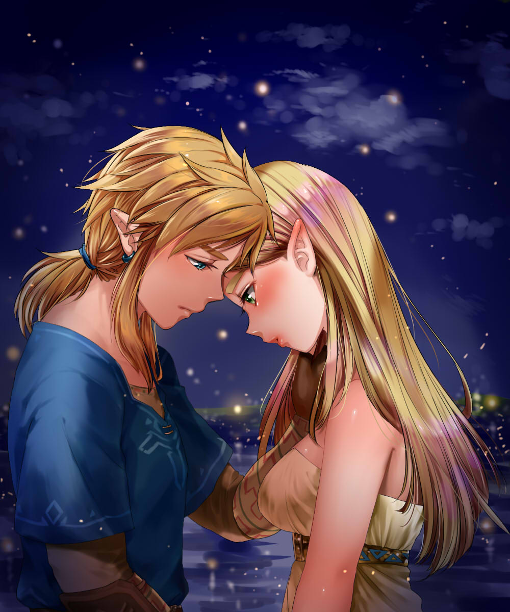 1boy 1girl bare_shoulders blonde_hair blue_eyes blue_shirt blush breasts brown_gloves closed_mouth clouds dress earrings fireflies gloves green_eyes half-closed_eyes hand_on_another's_chin highres horizon jewelry lake link lips long_hair looking_down low_ponytail medium_breasts night night_sky pointy_ears princess_zelda shiny shiny_hair shirt short_sleeves sidelocks sky straight_hair strapless strapless_dress the_legend_of_zelda the_legend_of_zelda:_breath_of_the_wild thick_eyebrows underbust upper_body wasabi_(legemd) water white_dress