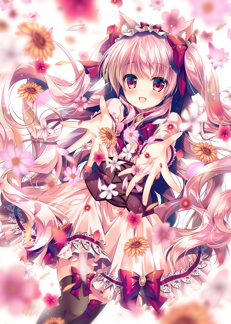 1girl :d animal_ears bangs black_legwear blurry blurry_foreground blush bow brown_hair cat_ears commentary_request depth_of_field dress dutch_angle eyebrows_visible_through_hair flower hair_between_eyes hair_bow long_hair looking_at_viewer mizuki_yuuma open_mouth original outstretched_arm pink_flower red_bow red_eyes red_flower smile solo sunflower thigh-highs twintails very_long_hair white_dress white_flower yellow_flower