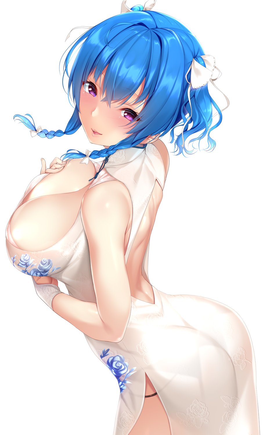 1girl azur_lane backless_outfit bangs bare_shoulders black_panties blue_hair braid breasts china_dress chinese_clothes cleavage commentary_request dress eyebrows_visible_through_hair garter_belt hair_between_eyes hair_ribbon highres large_breasts leaning_forward looking_at_viewer looking_to_the_side nironiro open-back_dress panties parted_lips ribbon see-through shiny shiny_clothes shiny_hair shiny_skin shirt simple_background sleeveless sleeveless_shirt smile solo st._louis_(azur_lane) twin_braids twintails underwear violet_eyes white_background white_dress white_ribbon