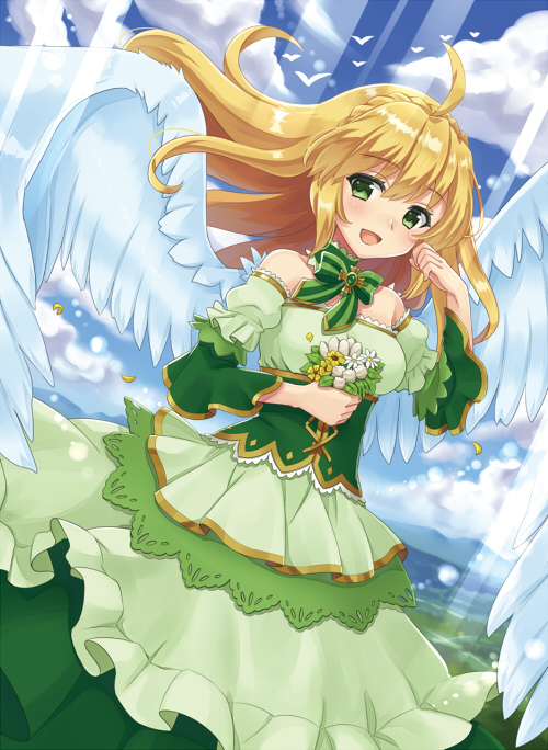 1girl ahoge angel angel_wings bare_shoulders blue_sky bow braid dress dutch_angle flock flower green_bow green_dress green_eyes hand_up holding holding_flower layered_dress light_brown_hair light_rays moriya_ako original outdoors sky solo white_wings wings