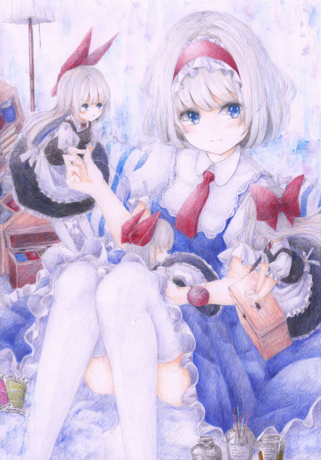 1girl alice_margatroid apron black_dress blonde_hair blue_dress blue_eyes blush bottle bow colored_pencil_(medium) darkkanan dress eyelashes feet_out_of_frame floor_lamp flying frilled_skirt frills graphite_(medium) hair_bow hairband highres knees_up light_smile lolita_hairband long_hair looking_at_viewer necktie needle paintbrush pillow pincushion puffy_short_sleeves puffy_sleeves red_bow red_neckwear sewing sewing_kit sewing_needle shanghai_doll short_hair short_sleeves sitting skirt solo striped_pillow thigh-highs thread touhou traditional_media waist_apron watercolor_(medium) white_legwear