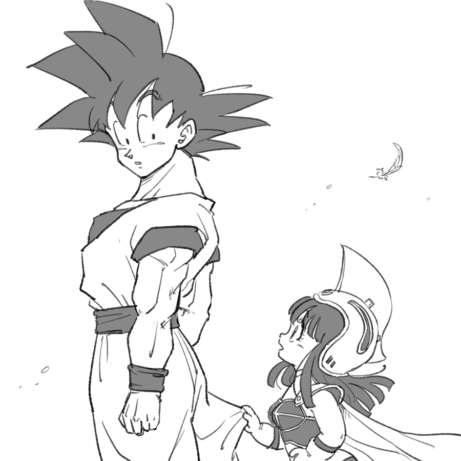 1boy 1girl :o armor back_turned bikini bikini_armor black_eyes black_hair cape chi-chi_(dragon_ball) clenched_hand dougi dragon_ball dragonball_z expressionless eyebrows_visible_through_hair feathers gloves greyscale helmet long_hair looking_at_another looking_back monochrome open_mouth short_hair simple_background son_gokuu spiky_hair stading swimsuit tkgsize white_background wristband