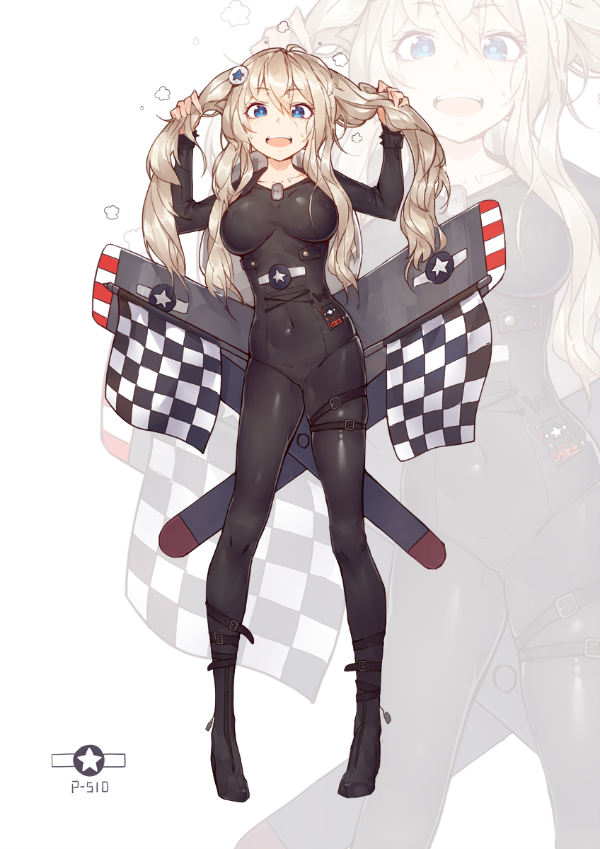 1girl :d ahoge arms_up bangs black_bodysuit blonde_hair blue_eyes blush bodysuit breasts buckle bunching_hair checkered checkered_flag collarbone covered_navel eyebrows_visible_through_hair flag full_body hair_ornament hairpin highres large_breasts legs_apart long_hair looking_at_viewer mechanical_wings open_mouth oppai_loli original shiny shiny_clothes sidelocks skin_tight skindentation smile solo standing sweat twintails white_background wings yong_mei-uta zoom_layer