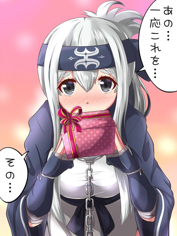 1girl ainu_clothes backlighting bandage bandaged_arm blue_gloves blurry blurry_background blush box breasts brown_eyes chains depth_of_field embarrassed eyebrows_visible_through_hair fingerless_gloves gift gift_box gloves headband holding holding_gift kamoi_(kantai_collection) kantai_collection leaning_forward long_hair long_sleeves looking_at_viewer medium_breasts nose_blush polka_dot raised_eyebrows red_ribbon ribbon shiny shiny_hair sidelocks silver_hair solo speech_bubble tareme translation_request valentine wide_sleeves yukimi_unagi