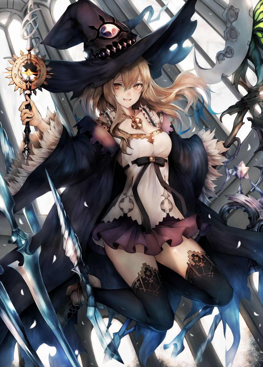 1girl :d black_legwear breasts brown_eyes brown_hair cleavage coat commentary_request dorothy_(shingeki_no_bahamut) frilled_skirt frills hat highres holding inaba_sunimi jewelry long_hair looking_at_viewer necklace open_mouth shingeki_no_bahamut skirt smile solo staff thigh-highs witch witch_hat zettai_ryouiki