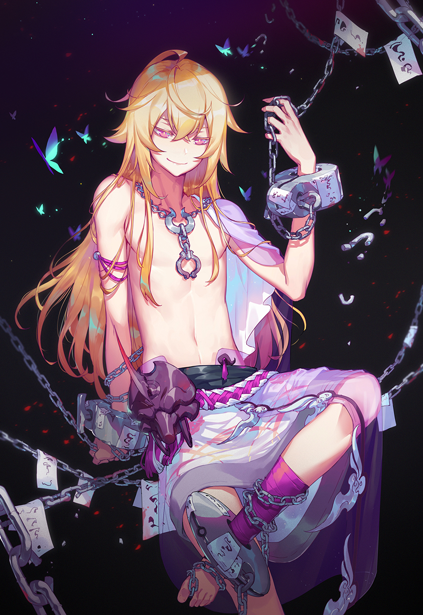 androgynous barefoot blonde_hair blush butterfly chains character_request closed_mouth copyright_request cuffs eyebrows highres long_hair looking_at_viewer luode_huayuan navel red_eyes shackles smile solo