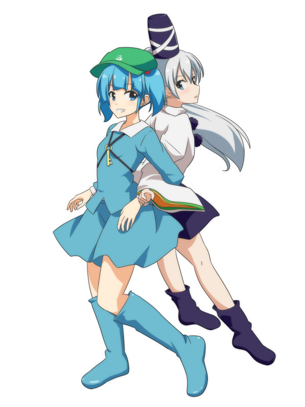 2girls blue_eyes blue_footwear blue_hair blue_shirt blue_skirt boots cato_(monocatienus) commentary_request full_body grin hat japanese_clothes kariginu kawashiro_nitori locked_arms long_hair long_sleeves looking_at_viewer mononobe_no_futo multiple_girls pom_pom_(clothes) ponytail rubber_boots shirt short_hair short_twintails simple_background skirt skirt_set smile tate_eboshi touhou twintails white_background wide_sleeves