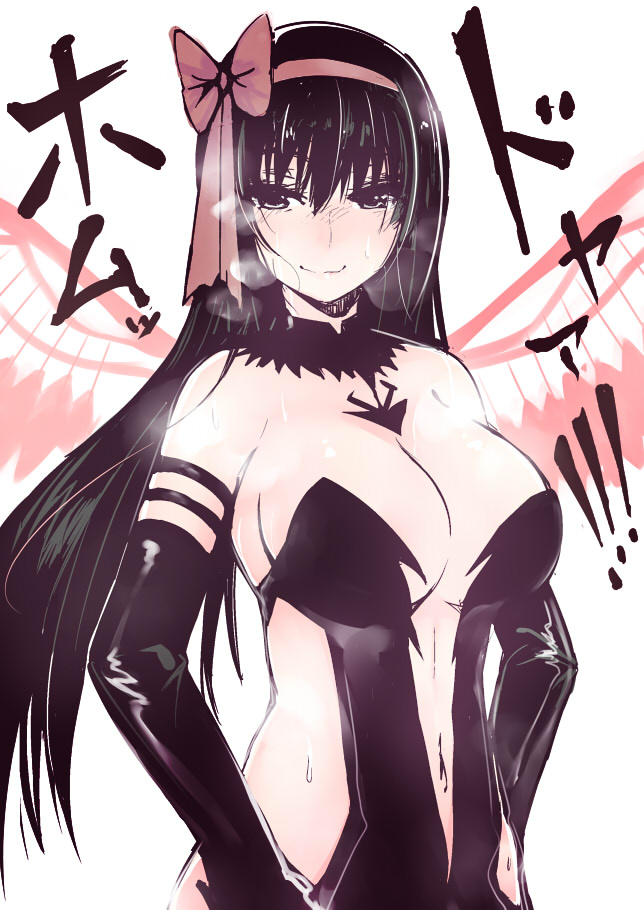 1girl akitsuchi_shien akuma_homura bangs bare_shoulders black_dress black_gloves black_hair breasts breath dress elbow_gloves gloves hairband hands_on_hips large_breasts long_hair looking_at_viewer smile solo sweat wings