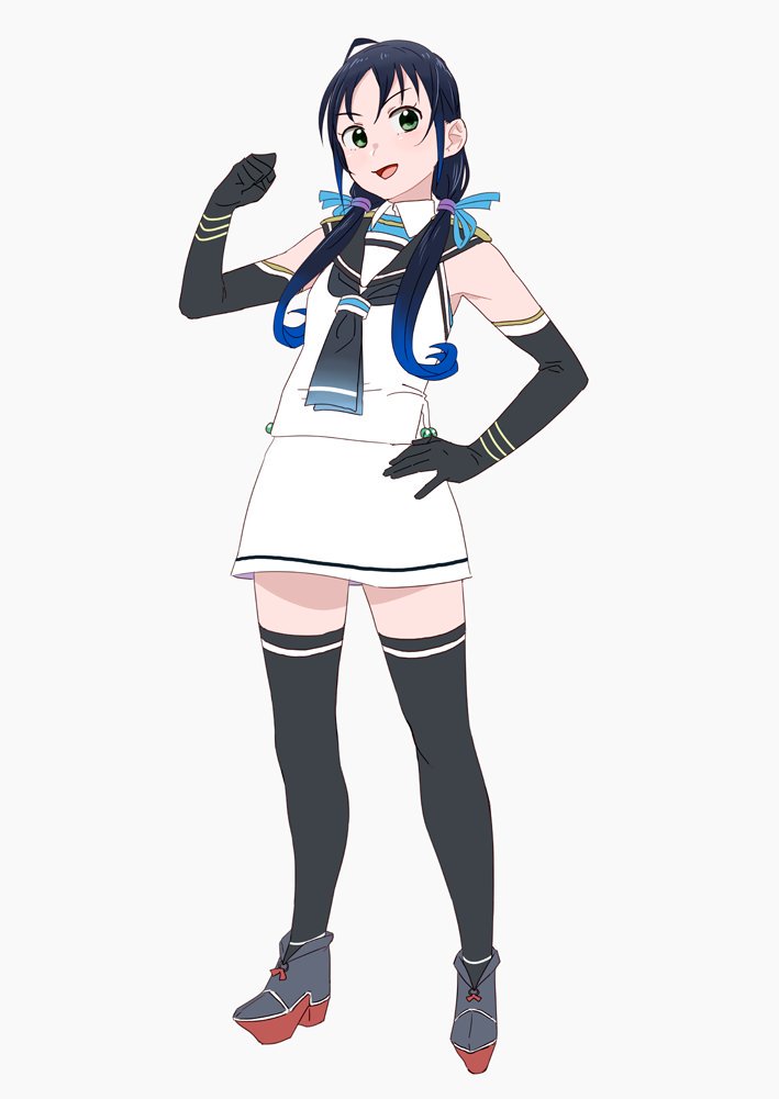 1girl black_hair black_legwear black_sailor_collar blue_hair clenched_hand elbow_gloves full_body gloves gradient_hair green_eyes hand_on_hip kantai_collection long_hair looking_at_viewer low_twintails multicolored_hair neckerchief ojipon sailor_collar school_uniform serafuku skirt sleeveless solo suzukaze_(kantai_collection) thigh-highs twintails white_skirt