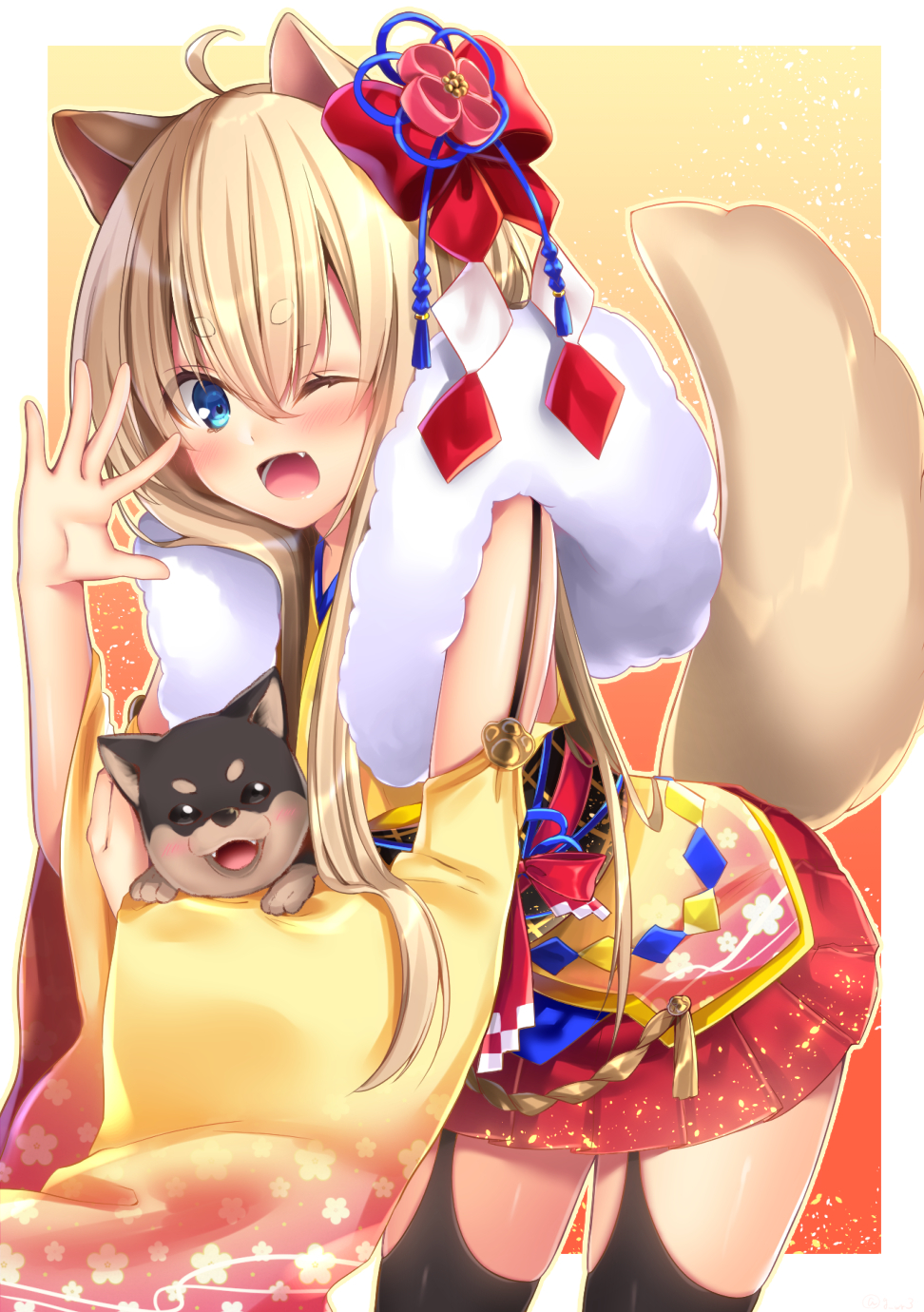 1girl ;d ahoge animal animal_ears bent_over blue_eyes commentary_request dog_ears dog_tail fang fur_scarf hair_ornament highres holding holding_animal japanese_clothes jiiwara light_brown_hair long_hair looking_at_viewer one_eye_closed open_mouth original pleated_skirt shiba_inu skirt smile tail thick_eyebrows wide_sleeves