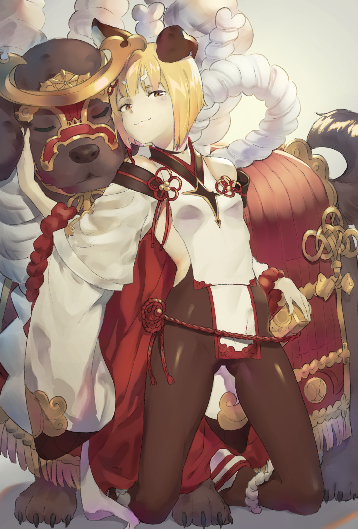 1girl animal animal_ears bangs bare_shoulders black_legwear blush braid breasts brown_eyes claws closed_eyes closed_mouth clothed_animal detached_sleeves dog dog_ears eyebrows_visible_through_hair full_body garjana gluteal_fold granblue_fantasy grey_background japanese_clothes kneeling loincloth long_sleeves looking_at_viewer midriff no_shoes pantyhose petting red_ribbon ribbon rope sheath sheathed shimenawa shiny shiny_clothes short_hair simple_background small_breasts smug sunao_(souis) sword underwear vajra_(granblue_fantasy) weapon wide_sleeves