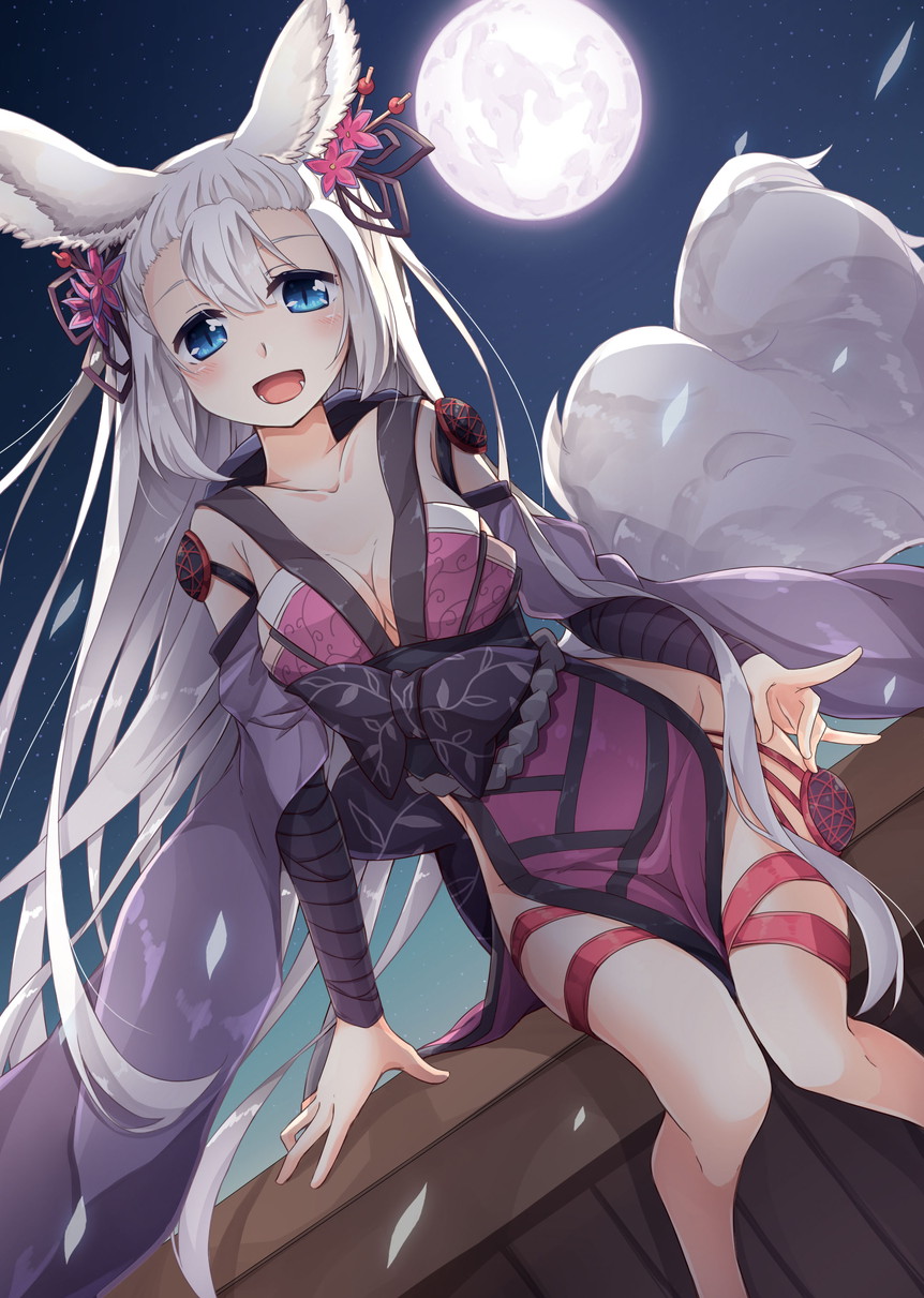 1girl animal_ears blue_eyes breasts cleavage detached_sleeves dutch_angle erun_(granblue_fantasy) fox_ears fox_tail full_moon granblue_fantasy hair_ornament highres large_breasts long_hair looking_at_viewer moon night night_sky open_mouth oruto_(ort+) side_slit silver_hair sitting sky slit_pupils socie_(granblue_fantasy) solo star_(sky) starry_sky tail thigh_strap