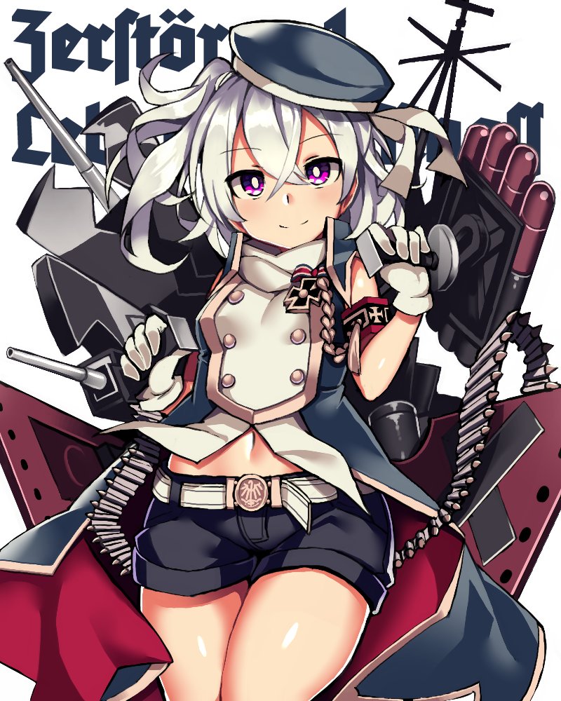 18bit 1girl azur_lane commentary_request gloves hat long_hair looking_at_viewer machinery shorts simple_background smile solo torpedo_tubes turret violet_eyes white_gloves white_hair z1_leberecht_maass_(azur_lane)