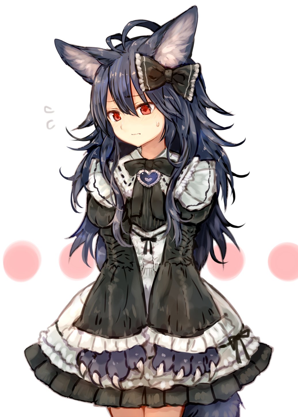 1girl alternate_costume animal_ears blue_hair claws dress fenrir_(shingeki_no_bahamut) frilled_dress frills granblue_fantasy highres long_hair red_eyes ribbon shingeki_no_bahamut sukemyon sweatdrop tail white_background wolf_ears wolf_girl wolf_tail