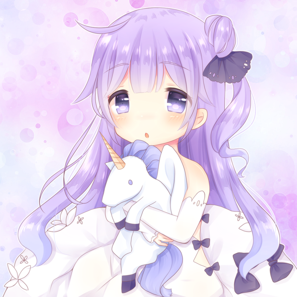 1girl :o ahoge azur_lane bangs bare_shoulders black_bow black_ribbon blush bow caramel_(caramelmilk) commentary_request detached_sleeves dress eyebrows_visible_through_hair hair_bun hair_ribbon long_hair long_sleeves looking_at_viewer object_hug one_side_up parted_lips purple_hair ribbon side_bun sleeves_past_wrists solo stuffed_animal stuffed_pegasus stuffed_toy stuffed_unicorn unicorn_(azur_lane) very_long_hair violet_eyes white_dress