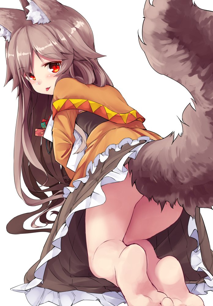 1girl all_fours animal_ears barefoot blush brown_hair commentary_request dress eyebrows_visible_through_hair frilled_dress frills long_hair looking_at_viewer looking_back noa_(nagareboshi) original red_eyes simple_background soles solo tail tongue tongue_out white_background