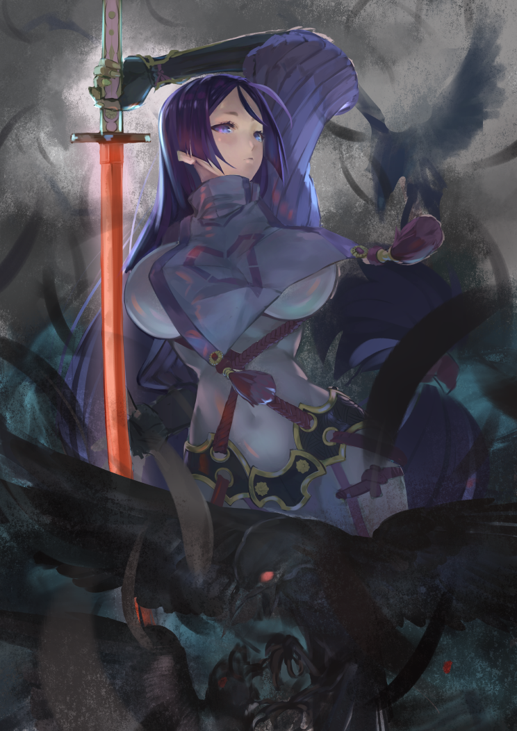 armor bangs bird black_gloves bodysuit breasts covered_navel fate/grand_order fate_(series) fingerless_gloves gloves glowing glowing_sword glowing_weapon ha2ru holding holding_sword holding_weapon huge_breasts japanese_armor katana kote loincloth long_hair minamoto_no_raikou_(fate/grand_order) parted_bangs purple_bodysuit purple_hair ribbed_sleeves rope sword tabard very_long_hair violet_eyes weapon