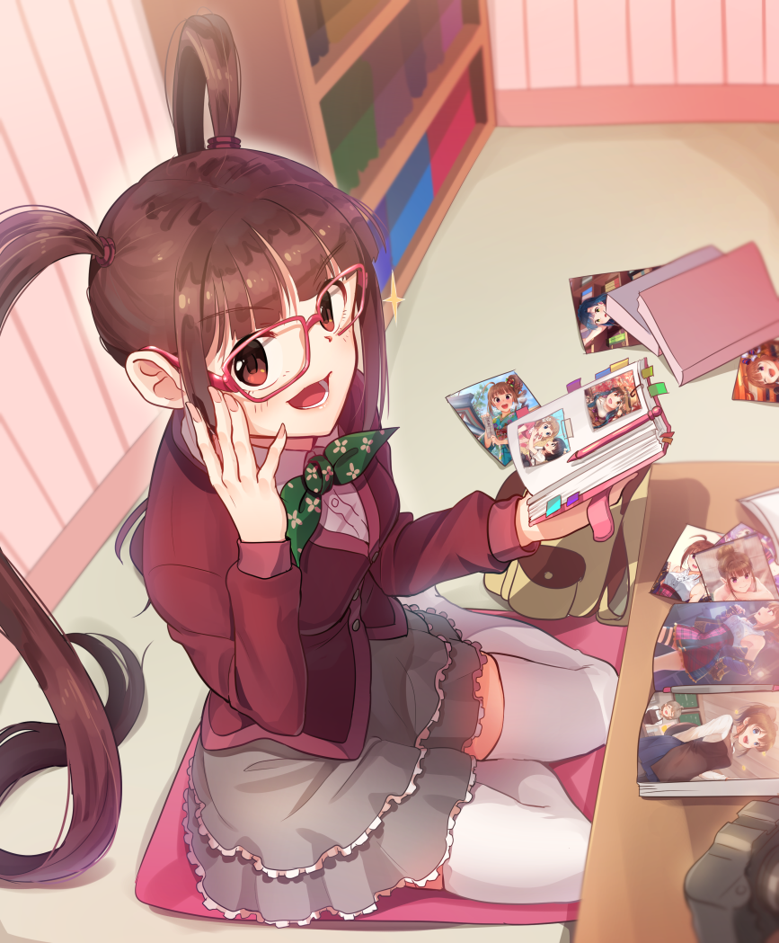 1girl absurdly_long_hair blush book bookmark bookshelf breasts camera character_request closed_eyes eyebrows_visible_through_hair glasses grey_skirt holding holding_book idolmaster idolmaster_million_live! inset kamille_(vcx68) long_hair long_sleeves looking_at_viewer matsuda_arisa medium_breasts open_mouth photo_(object) skirt smile thigh-highs twintails very_long_hair white_legwear