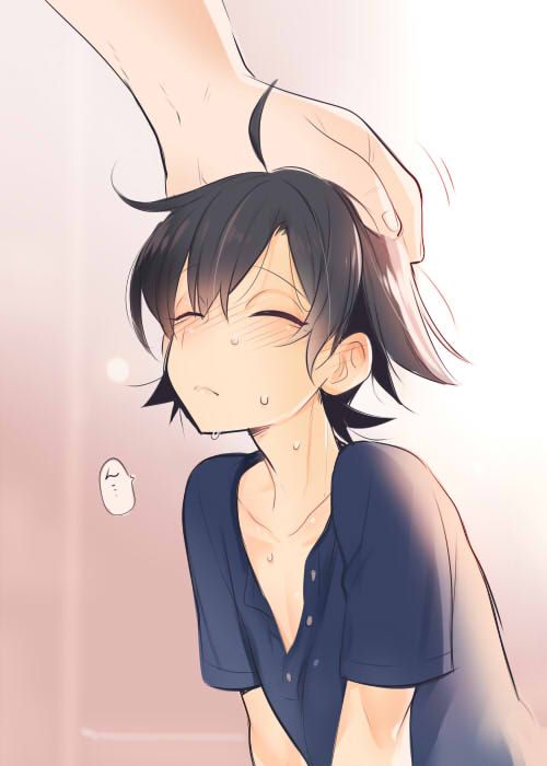 1boy ahoge black_hair blush closed_eyes cr-r hikigaya_hachiman male_focus petting shirt solo_focus sweat yahari_ore_no_seishun_lovecome_wa_machigatteiru.