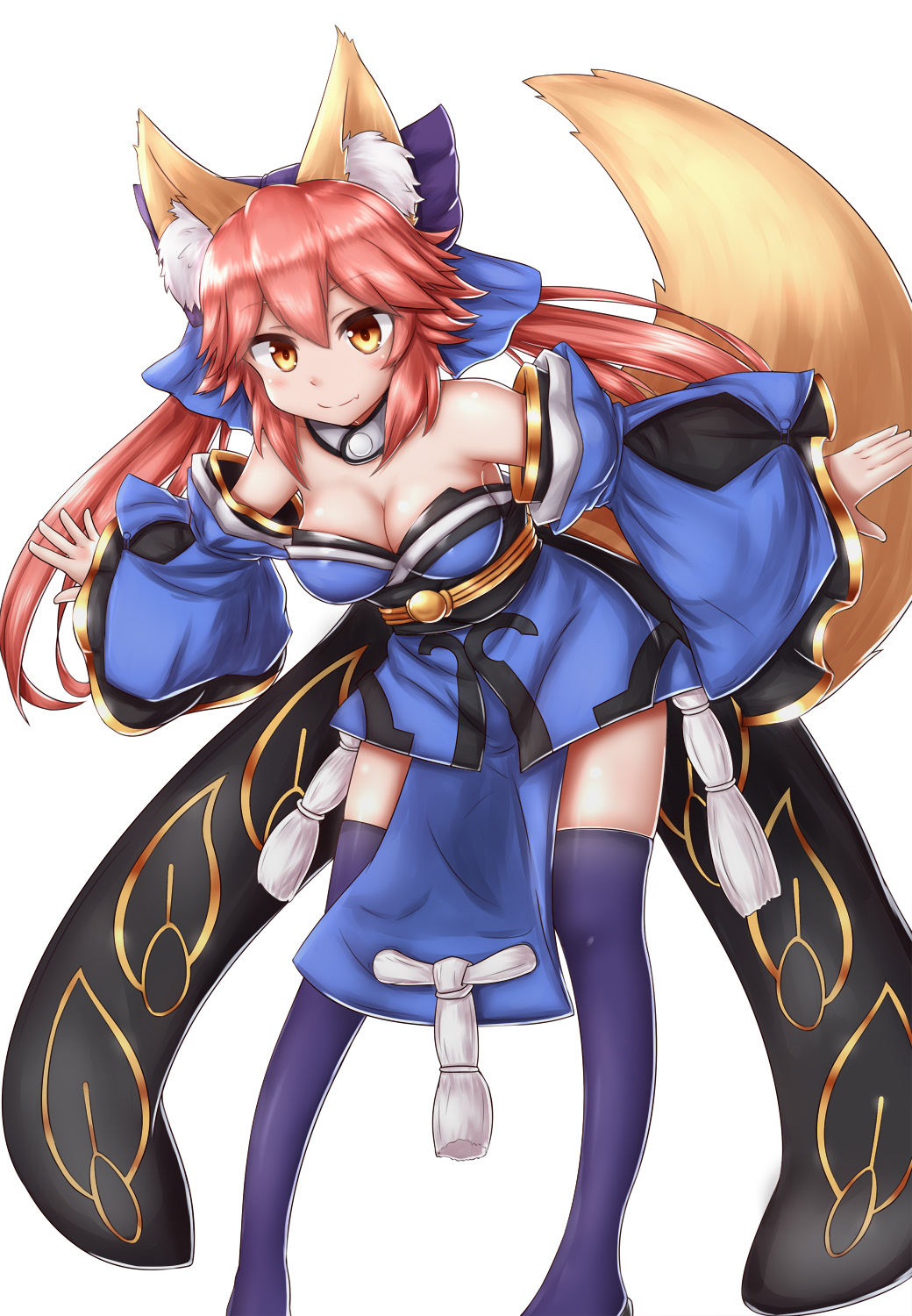 1girl animal_ears blue_legwear breasts cleavage collarbone detached_sleeves fang fate/extra fate/grand_order fate_(series) fox_ears fox_tail highres horokusa_(korai) japanese_clothes large_breasts looking_at_viewer pink_hair simple_background smile solo tail tamamo_(fate)_(all) tamamo_no_mae_(fate) white_background yellow_eyes