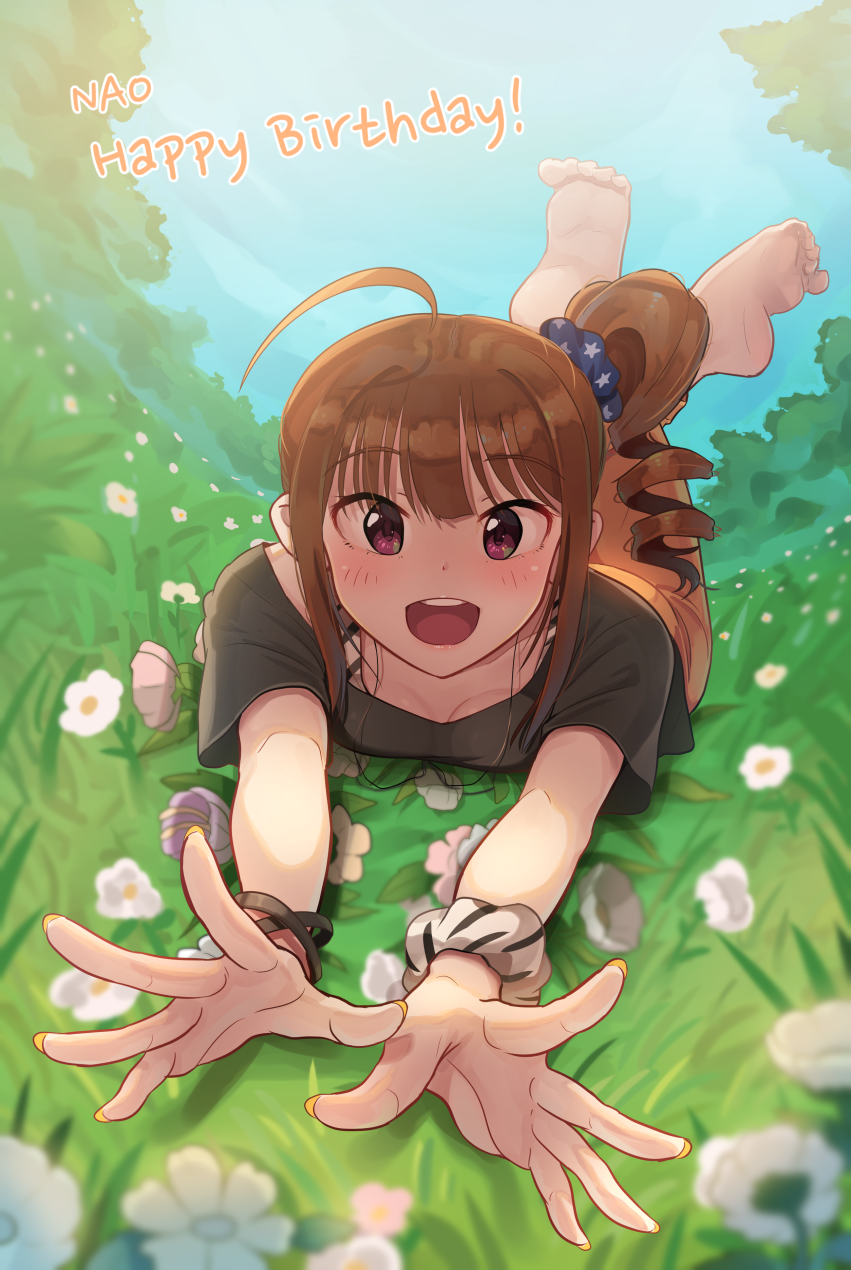 1girl ahoge barefoot blush breasts brown_hair cleavage collarbone drill_hair eyebrows_visible_through_hair happy_birthday highres idolmaster idolmaster_million_live! kamille_(vcx68) looking_at_viewer medium_breasts nail_polish open_mouth scrunchie short_hair side_drill smile solo teeth violet_eyes yellow_nails yokoyama_nao
