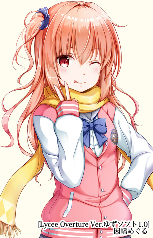 ;) blue_bow bow hand_on_hip inaba_meguru jacket long_hair looking_at_viewer na53 one_eye_closed pink_hair red_eyes sanoba_witch scarf scrunchie smile tongue tongue_out upper_body v watermark yellow_scarf yuzu-soft