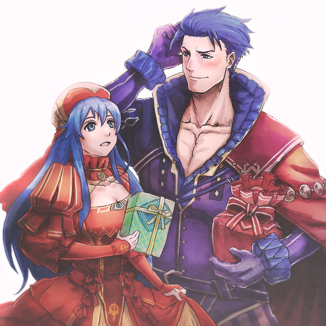 1boy 1girl blue_eyes blue_hair blush cape dress father_and_daughter fire_emblem fire_emblem:_fuuin_no_tsurugi fire_emblem:_rekka_no_ken fire_emblem_heroes gift hat hector_(fire_emblem) lilina long_hair open_mouth short_hair simple_background smile sukua55 white_background